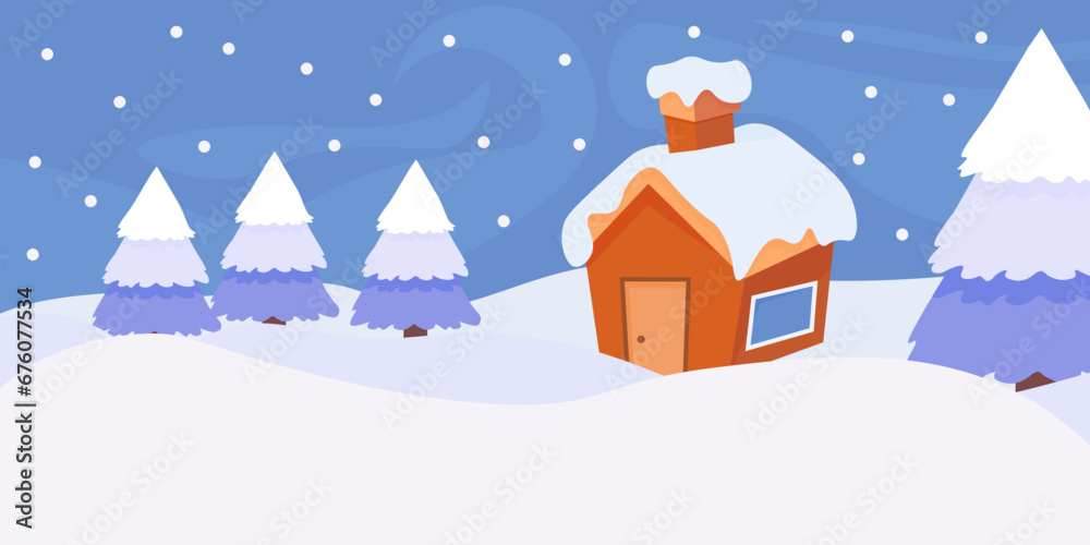 Cozy little house in winter forest. Winter landscape. Vector illustration. Country house.