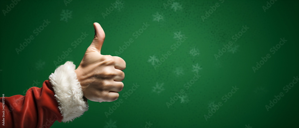 Santa Claus Hand with Thumb Up on green Background for christmas holidays, best satisfaction evaluation survey after use product and service concept.Good review result, quality product. Generative ai - obrazy, fototapety, plakaty 
