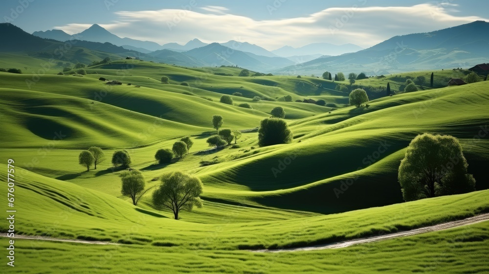 The green hills are full of grass in the style of juxtaposition of light and shadow.