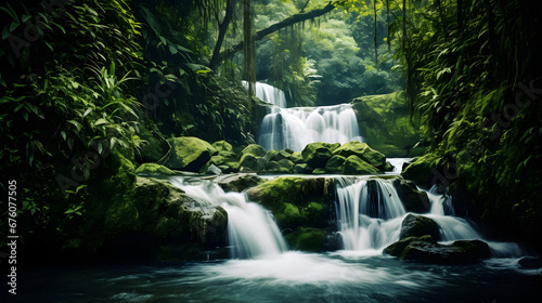 Enchanting Waterfall Cascading Through Lush Greenery, Captured with a Slow Shutter Speed to Emphasize the Flow, Enriched with Deep and Vivid Tones for an Alluring Aesthetic