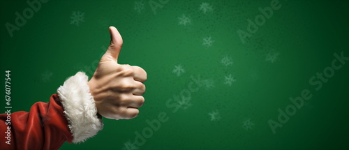Santa Claus Hand with Thumb Up on green Background for christmas holidays, best satisfaction evaluation survey after use product and service concept.Good review result, quality product. Generative ai photo
