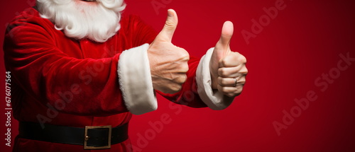Santa Claus Hand with Thumb Up on red Background for christmas holidays, best satisfaction evaluation survey after use product and service concept.Good review result, quality product. Generative ai