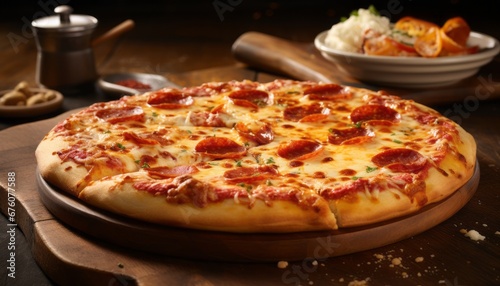 Tempting pepperoni pizza with golden crust, bubbling cheese, and savory slices a visual delight