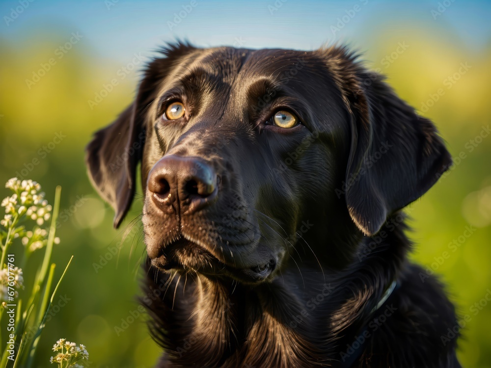 Portrait of a Black Labrador Retriever Dog on an Autumn Field. Man's Best Friend. Portrait of the Dog on the Meadow. Family Dog.