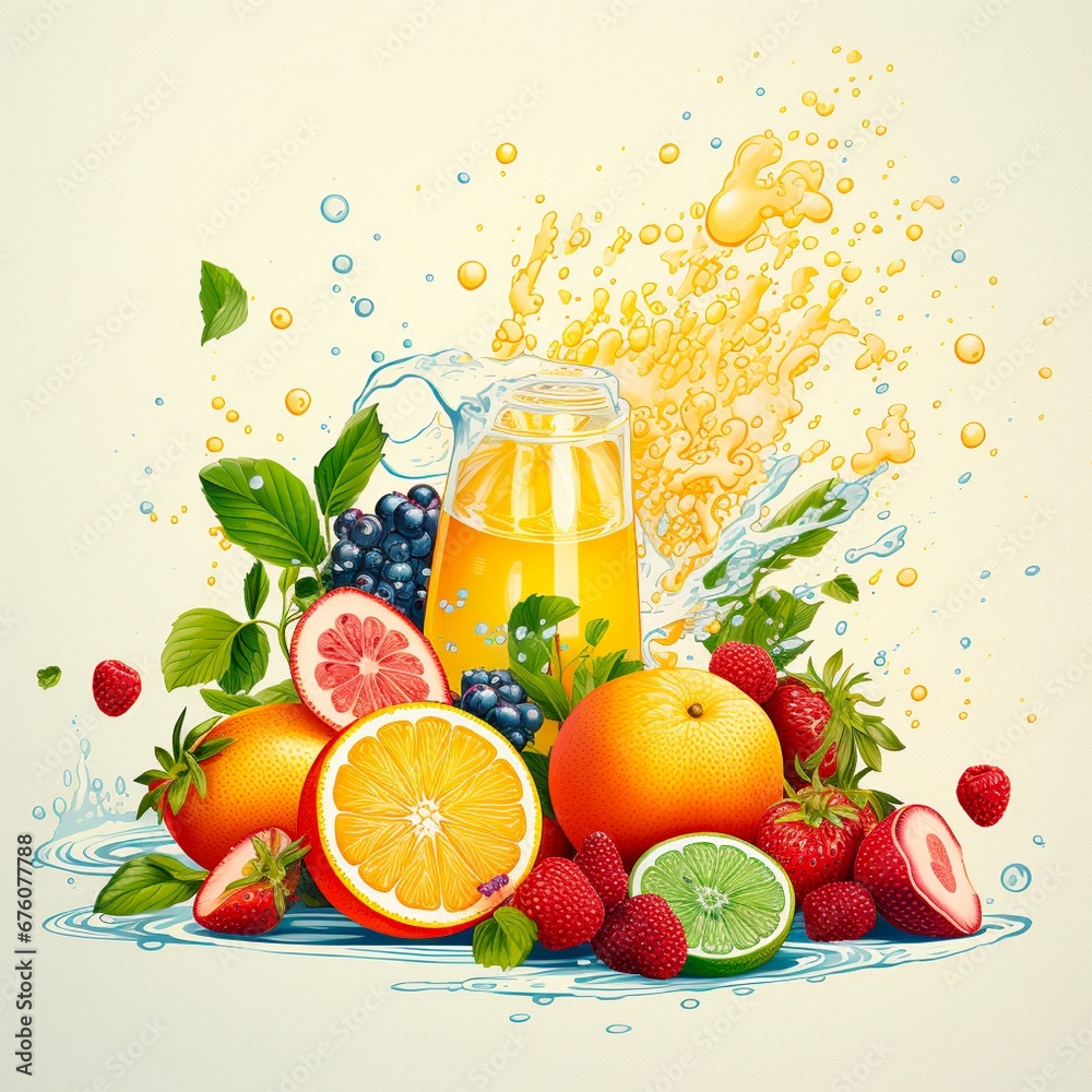 Juice spray and fruit illustration. Made with generative ai Juice spray and fruit illustration. Made with generative ai