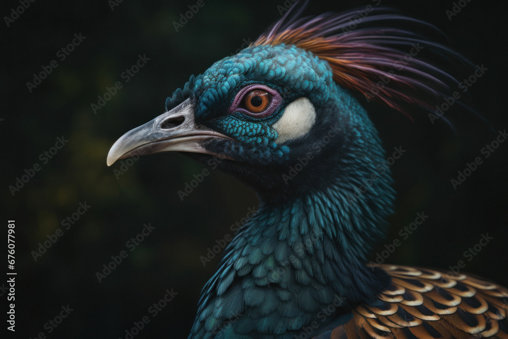 Colorful Fantasy peacock with a beak with a Dark Background Colorful Fantasy peacock with a beak with a Dark Background