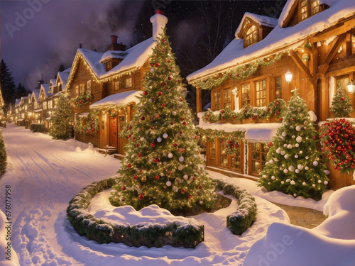 Winter snowy picture with wooden houses  Christmas tree  decorations.