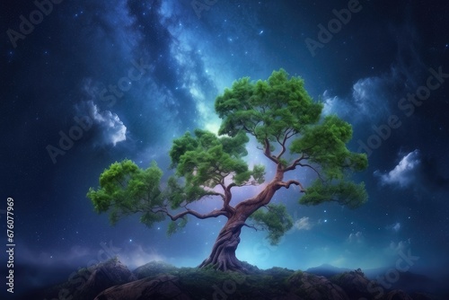 magical green trees in the night background photo