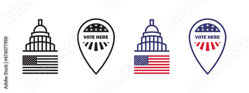 Vote here badges. US Election and voting. Voting in election. Vector scalable graphics