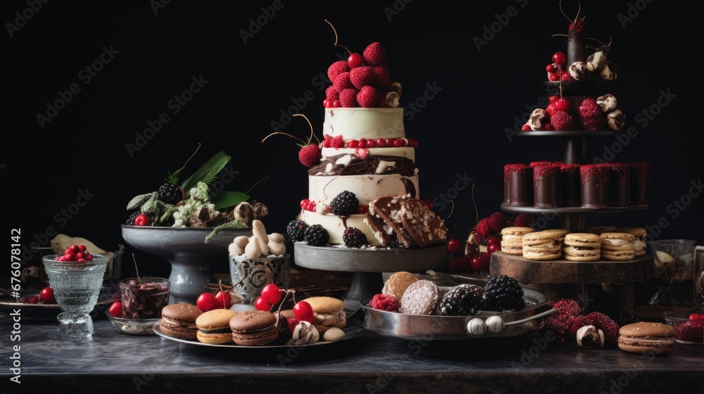  a table topped with cakes and desserts covered in frosting and toppings on top of a black table.  generative ai