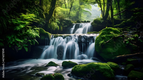 Enchanting Waterfall Cascading Through Lush Greenery  Captured with a Slow Shutter Speed to Emphasize the Flow  Enriched with Deep and Vivid Tones for an Alluring Aesthetic