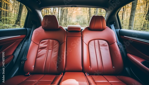Frontal view of plush red leather back passenger seats in a sleek and modern luxury car interior © Ilja