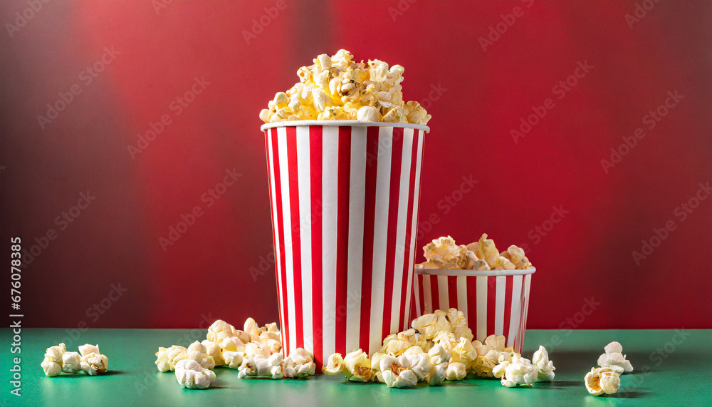 paper cup with popcorn on bright red background striped box cinema movies and entertainment minimal vertical concept with copy space