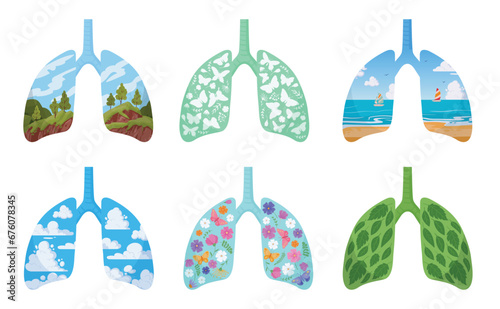 Cartoon clean lungs. Human healthy lungs, green planet lungs metaphor. Environment care concept flat vector illustration
