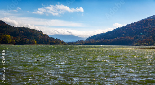 Lake over Klimkowka in the Low Beskid Mountains in Poland on a sunny autumn day. photo
