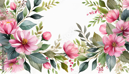 floral frame with pink flowers and leaves watercolor flower border illustration of flower composition frame pattern or bouquet for greeting card background or flyer illustration ai generative