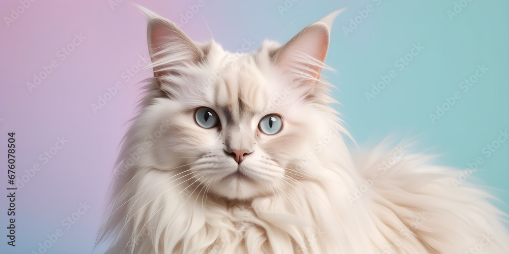Angora cat on a pastel background. Cat a solid uniform background, for your advertising and design with copy space. Creative animal concept. Looking towards camera.