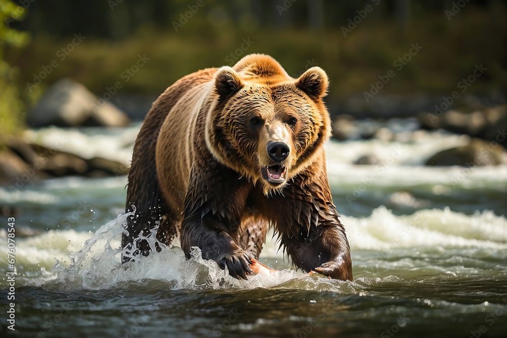 Portrait of a Big Grizzly Bear Hunting Salmon in the River in the Wild. Alaskan Wildlife. Nature Reserve, Wildlife Sanctuary. Alaskan Ecosystem. Portrait of a Big Grizzly Bear Hunting Salmon in the River in the Wild. Alaskan Wildlife. Nature Reserve, Wildlife Sanctuary. Alaskan Ecosystem.