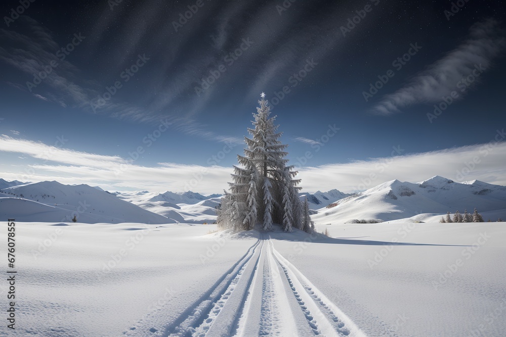 Obraz premium Christmas background. A snow covered field with a single tree in the middle of it and a trail in the middle of the field