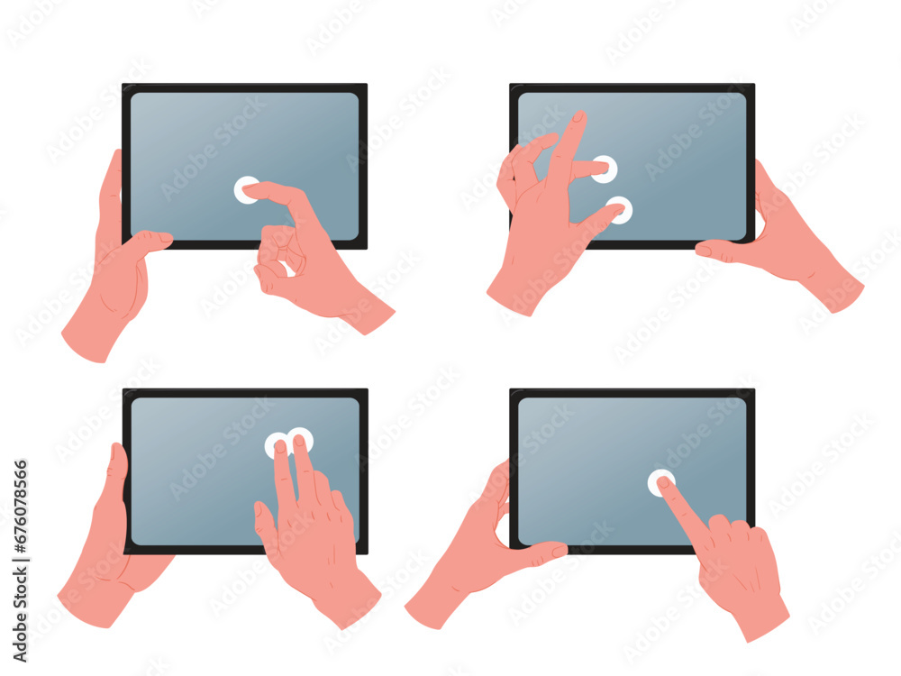 Tablet screen touch gestures. Cartoon hands holding and using digital tablet. Tap, zoom and swipe gestures flat vector illustration set. Hands working with gadgets