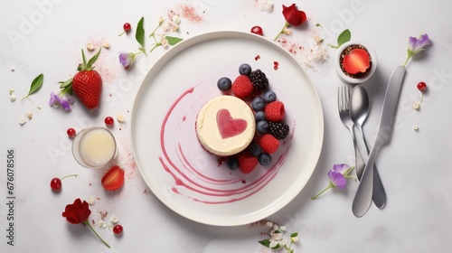  a white plate topped with a piece of cake next to a bowl of berries and a cup of yogurt.  generative ai