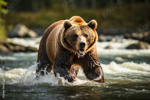 Portrait of a Big Grizzly Bear Hunting Salmon in the River in the Wild. Alaskan Wildlife. Nature Reserve, Wildlife Sanctuary. Alaskan Ecosystem.