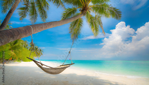 tropical beach panorama as summer relax landscape with beach swing or hammock hang on palm tree over white sand sea beach banner amazing beach vacation summer holiday concept luxury romantic travel