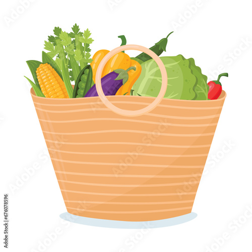 Shopping basket bag. No waste, reusable grocery eco bag with vegetables and fruits flat vector illustration. Zero waste shopping basket bag