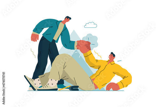 Mutual Support: Helping a fallen person get up -modern flat vector concept illustration of man assisting another man to stand up A metaphor of voluntary, collaborative exchanges of resource, services