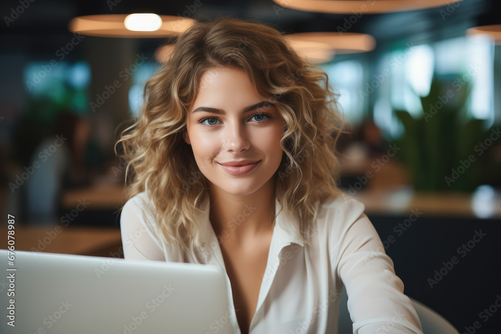 Female web developer working with a laptop in an office. Female web developer working with a laptop in an office.