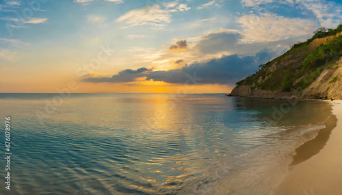 closeup sea ocean bay panoramic beach landscape inspire tropical mediterranean seascape horizon orange gold blue sunset sky calm tranquil sunlight summer mood best vacation travel colorful panorama