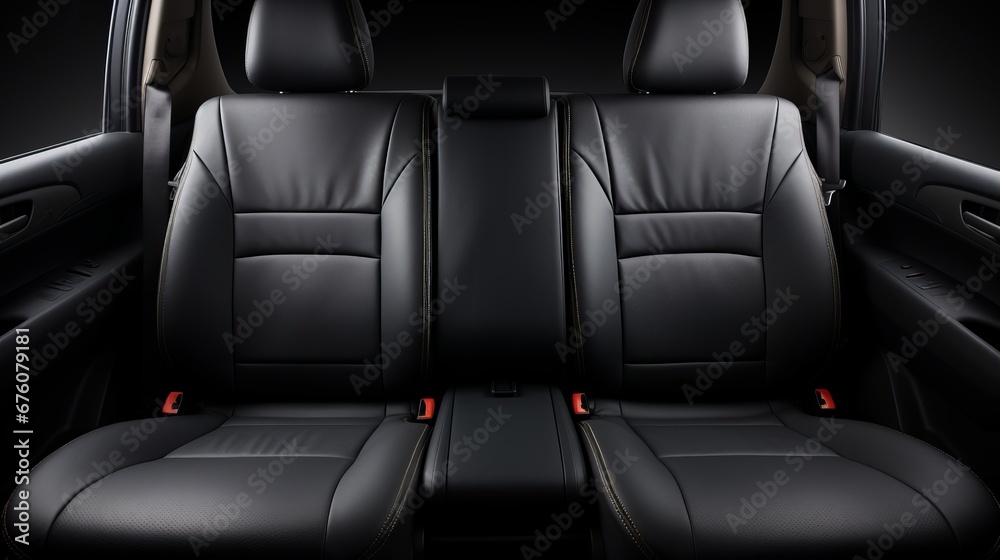 Fototapeta premium Frontal view of back passenger seats in modern luxury car with black leather upholstery