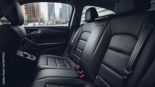 Frontal view of a sleek and elegant modern luxury car with plush black leather back passenger seats © Ilja