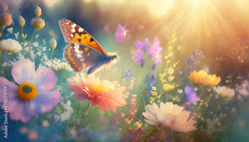 summer wild flowers and fly butterfly in a meadow at sunset macro image shallow depth of field abstract summer nature background