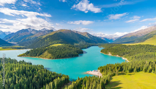 aerial view of kanas lake and forest with mountain natural landscape in xinjiang china kanas lake is the most beautiful lake in china