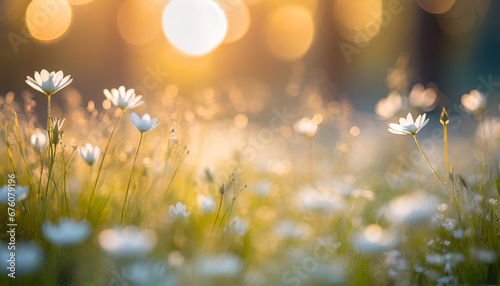 dream fantasy soft focus sunset field landscape of white flowers and grass meadow warm golden hour sunset sunrise time bokeh tranquil spring summer nature closeup abstract blurred forest background