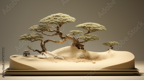  a bonsai tree sitting on top of a small island in the middle of a desert with a house on top of it.  generative ai © Anna