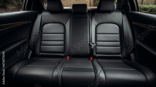 Frontal view of plush black leather back passenger seats in a sleek and modern luxury car interior
