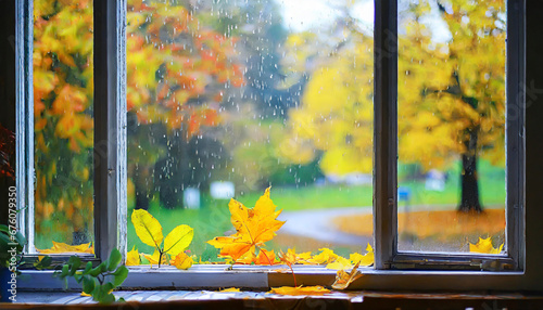 rain outside the window in the landscape of autumn park and yellow leaves