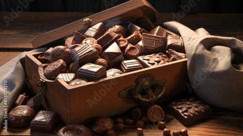 Box of delicious chocolates on wooden table, close-up