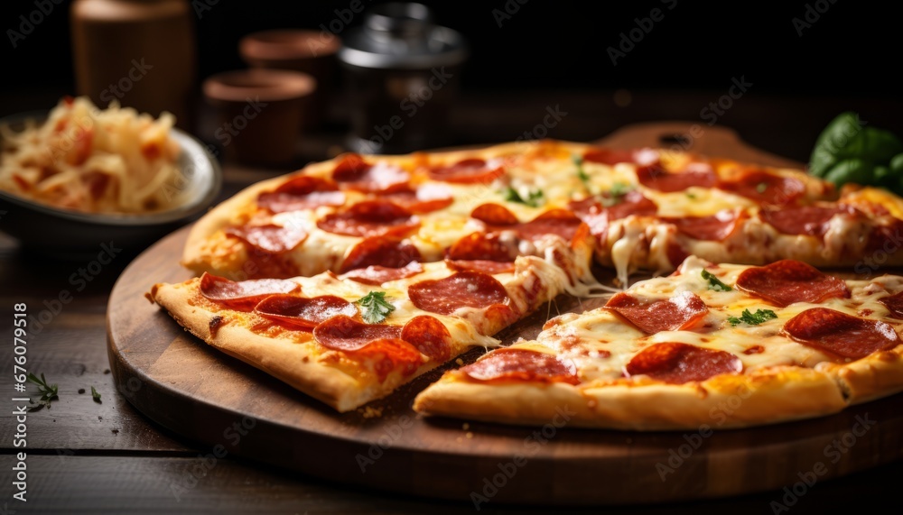 Deliciously tempting pepperoni pizza with perfectly baked golden crust and bubbling cheese