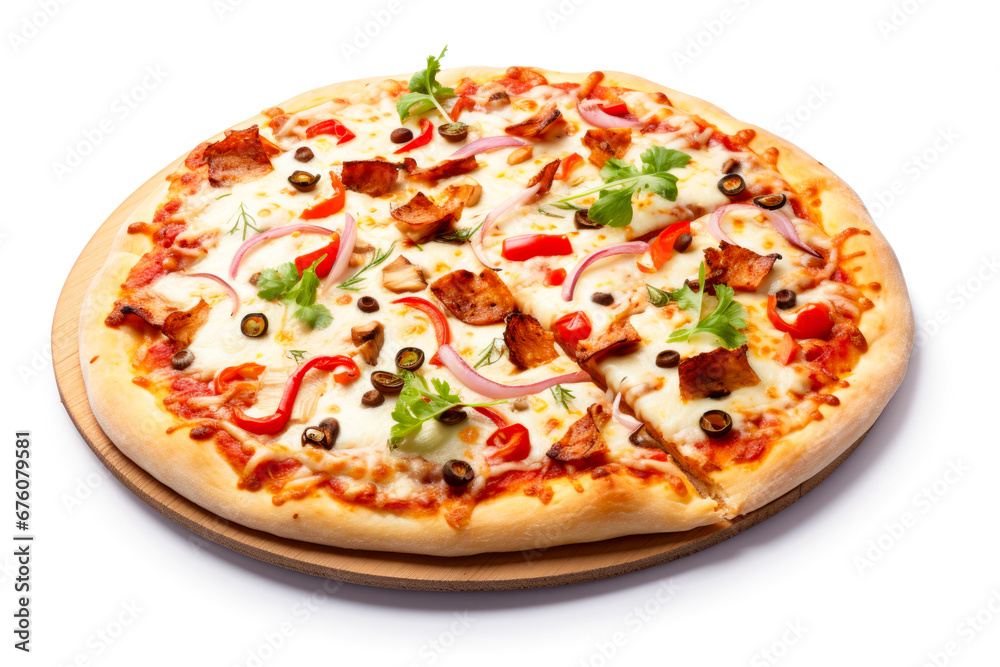 Pizza with ham, mushrooms, tomatoes and onions on a black background