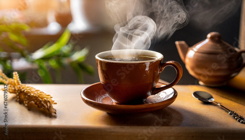 breakfast brew a steamy cup of tea or coffee in a brown mug awakens the senses offering a comforting start to the morning photo