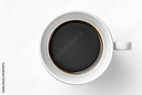 Freshly brewed aromatic coffee in white ceramic mug, isolated on white background, top view