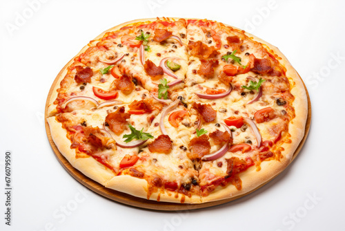 Pizza with ham, mushrooms, tomatoes and onions on a black background