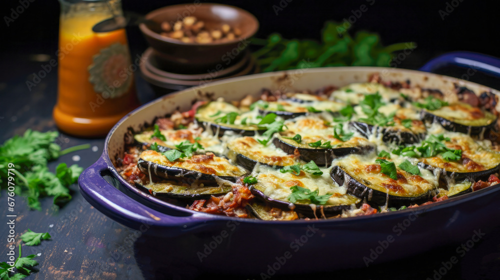 Baked aubergine with cheese and herbs in a baking dish Baked aubergine with cheese and herbs in a baking dish