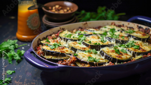 Baked aubergine with cheese and herbs in a baking dish