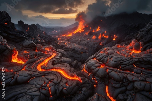 flow burning lava in the photo of the mountains