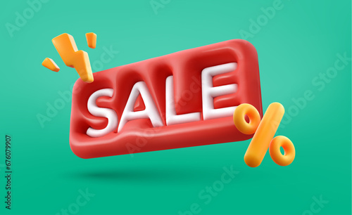 3d red sale inflated bubble icon with percentage and flash vector icons on green background. Discount bonanza sign design elements.