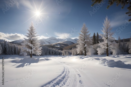 A snow covered road and mountains in the background with clouds in the sky and snow on the ground © AntonSednev
